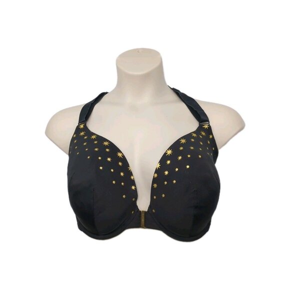 Cacique Lane Bryant Womens Bra Boost Plunge U/W Front Close 50D Black Gold Stars - Picture 5 of 8